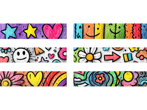 Colorful doodle washi tape borders with hand drawn hearts and stars for scrapbooking elements.