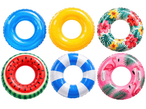 Colorful inflatable swim rings for pool fun and summer vacation.