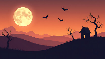 Fototapeta premium A Spooky Halloween Landscape Featuring A Full Moon Over A Lonely Cabin