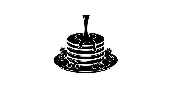 Pouring maple syrup on stack of pancakes with blueberries black line art vector illustration
