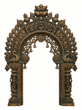 Ornate South Indian temple torana with floral carvings, hanging ornaments and bronze architectural details