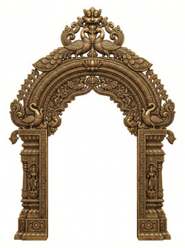 Ornate South Indian temple entrance arch with floral crown and intricate antique bronze carvings
