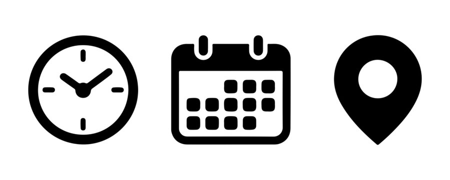 Black clock, calendar, and location pin icons for organizing schedules and identifying places.