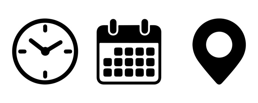 Black clock, calendar, and location pin icons depicting time, scheduling, and geographical points.