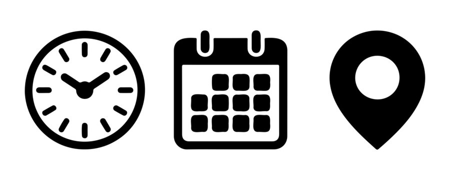 Black calendar, clock, and location pin icons representing important scheduling and place details.