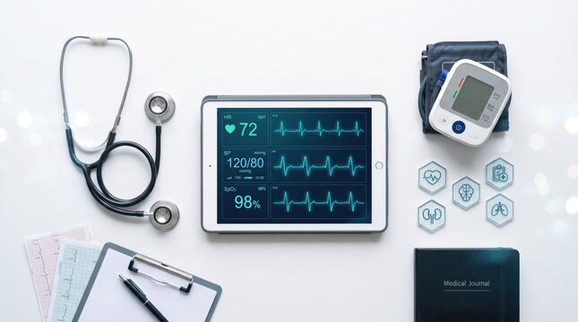 Flat lay of medical equipment including stethoscope, blood pressure monitor, tablet showing heart rate and ecg, clipboard, medical journal, white, healthcare, doctor tools