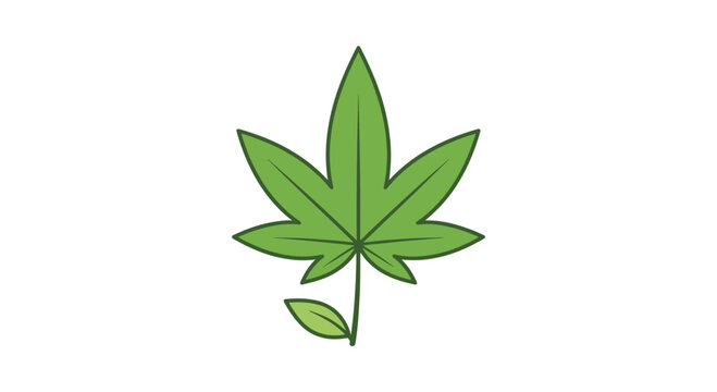 Minimalist flat vector illustration of a green cannabis leaf icon on white background.