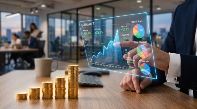 Businessman hand interacting with virtual financial dashboard showing Q3 profit growth charts and market share analysis, stacks of gold coins representing revenue increase