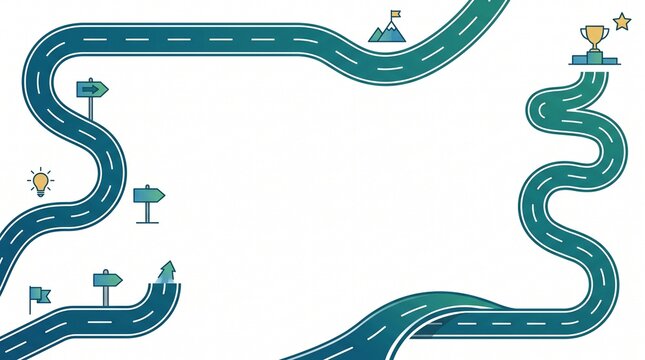 Modern minimalist vector illustration featuring a long winding road forming a dynamic path across a clean white background. Multiple directional signs, flags, a light bulb, mountain peak, and trophy s