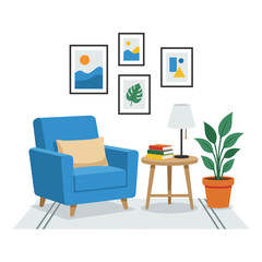 Fototapeta premium Modern living room interior with blue armchair and plants
