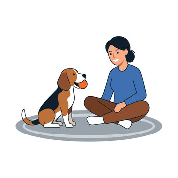 Woman sitting on floor playing with beagle dog illustration