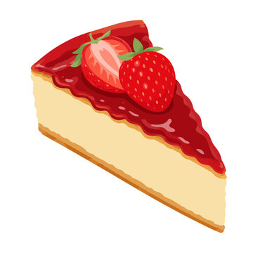 Strawberry Cheesecake Slice with Fresh Strawberries Flat Vector Illustration