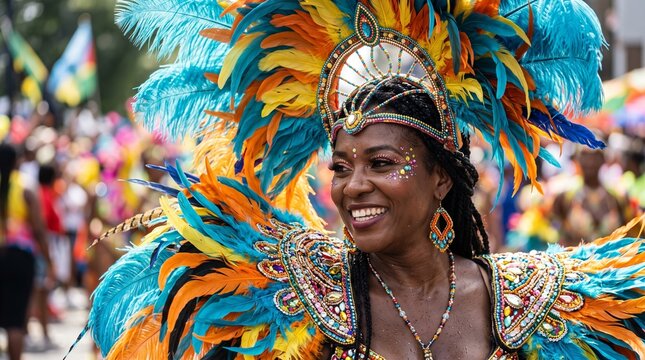Joyful carnival dancer wears an ornate feathered costume during a vibrant parade