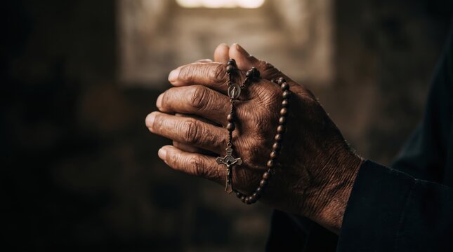 Close up of elderly hands clasped in prayer holding a wooden rosary beads with cross, symbolizing faith, spirituality, religion, devotion, hope, meditation, worship, christianity