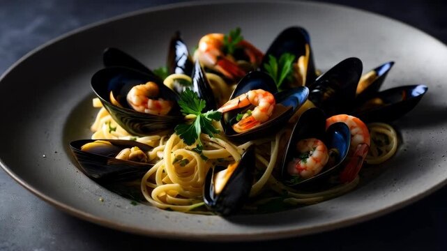 Seafood Pasta with Mussel Shrimp and Parsley Garnish Served on Plate - Spaghetti Dish