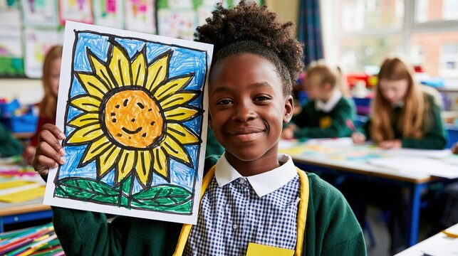 A young girl proudly displays her colorful sunflower drawing in a classroom.