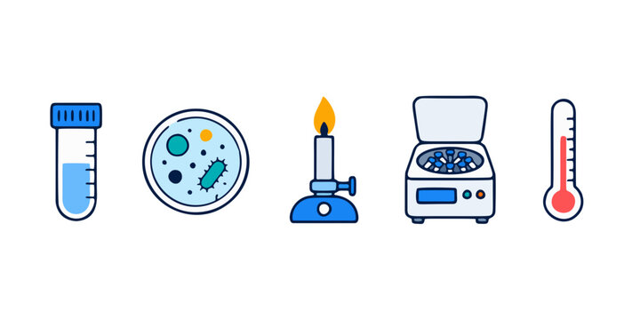 Vector icon set featuring essential laboratory equipment: test tube, petri dish with bacteria culture, bunsen burner, centrifuge machine, and thermometer. Ideal for science, medical, and research proj