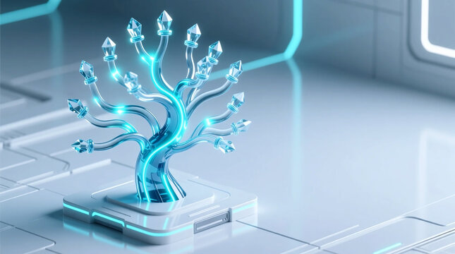 Visualizing glowing neural glass network representing digital Innovation Ecosystem on futuristic white surface in laboratory room from close-up view
