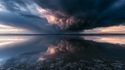 Fototapeta premium Dramatic Sky Over Water: Reflection of Stormy Clouds with Hues of Pink, Blue, and Gray at Dusk Across a Tranquil Lake Surface in Nature's Canvas
