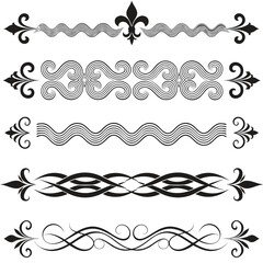 Black wavy line dividers set with fleur de lis accents features ornate scroll patterns for elegant page breaks document formatting and refined graphic design. © josefuna11