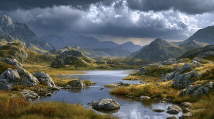 Obraz premium Serene Landscape with Dramatic Clouds and Reflective Water Among Lush Greenery and Majestic Mountains in a Remote Natural Setting
