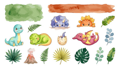 Cute Prehistoric Dinosaur and Tropical Foliage Collection with Baby Dinosaurs Ferns Palm Leaves Volcano and Natural Textured Elements © Priyanka