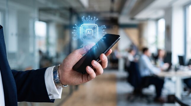 Business professional holding smartphone projecting AI chip hologram, artificial intelligence integration in corporate office setting, symbolizing digital transformation