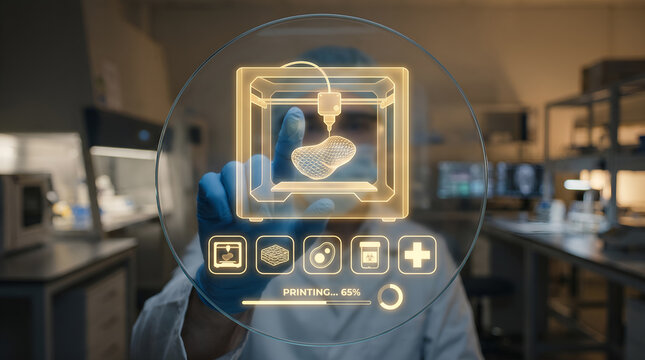 Researcher gloved hand touching futuristic 3D bioprinter hologram interface creating biological tissue structure with bio material, printing progress bar, and medical icons in lab
