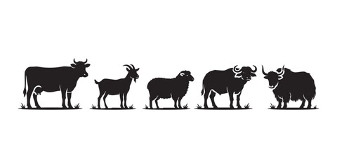 Fototapeta premium Farm Animal Silhouette Collection Featuring Cow Goat Sheep Buffalo and Yak Isolated on White Background