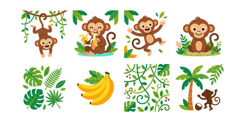 Obraz premium Cute Jungle Monkey Cartoon Illustration Set with Tropical Leaves, Vines and Banana Elements