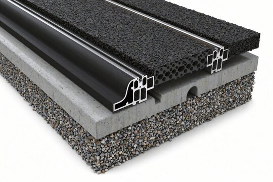 Cross-section of layered construction with concrete, gravel, and insulation