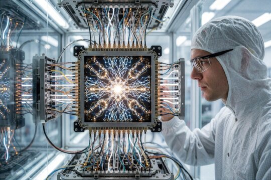 Scientist in cleanroom suit works on complex quantum computer hardware