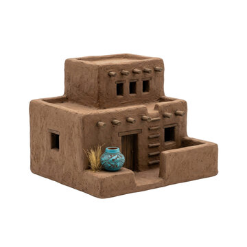 Isolated miniature adobe pueblo house with mud brick texture, turquoise pot, and wooden ladder.