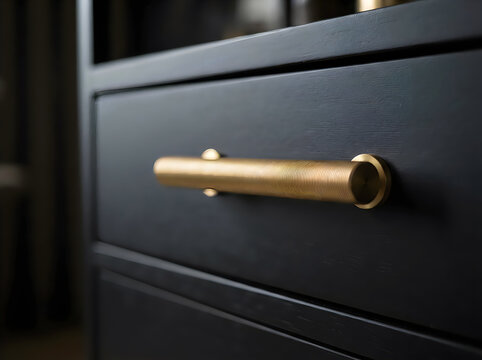 Closeup of a modern dark wood drawer with a textured brass handle, showcasing elegant interior design and furniture detail
