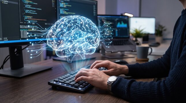 Programmer working with artificial intelligence brain hologram and coding on multiple screens, machine learning and neural network technology concept