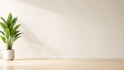 Fototapeta premium Potted plant stands in a bright minimalist room against a neutral blank wall.