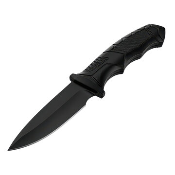 Isolated black tactical combat knife with sharp dagger blade and textured handle for defense