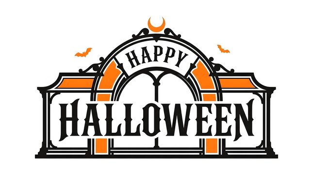 Vintage style happy halloween sign with decorative frame and spooky bat silhouettes