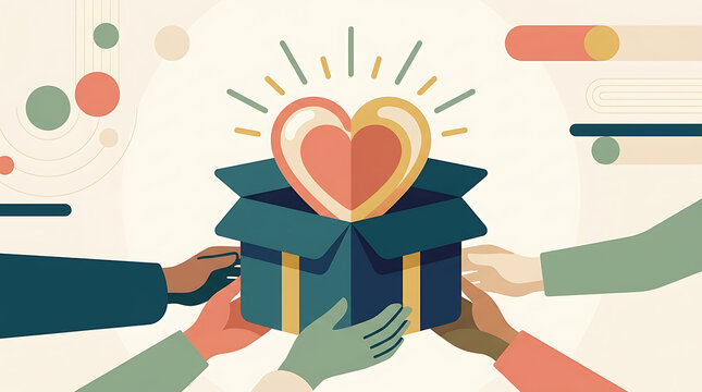Pixel art hands holding a gift box with a glowing heart symbol