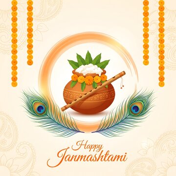 Janmashtami greeting card design featuring matki flute and peacock plumes.