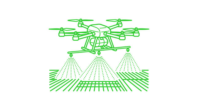 Green agricultural drone spraying crops in the field during daytime representing smart farming technology and precision agriculture methods for sustainable crop production and future food growth