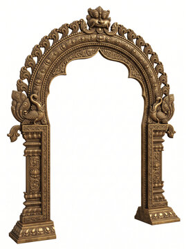Simple ornate South Indian temple arch with rounded crown and antique bronze carved detailing