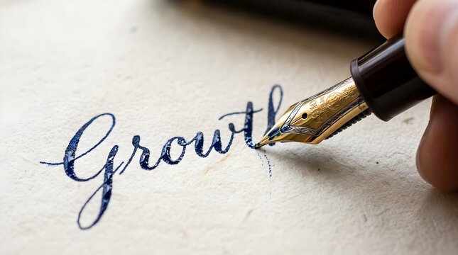 Elegant fountain pen nib resting on white paper with handwritten word 'growth' in flowing cursive script, symbolizing development, progress, finance, business success, and personal achievement.