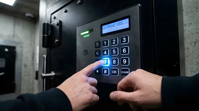 Closeup of a hand entering a security code on a digital keypad, representing access control, password protection, authentication, building security, privacy, technology, and entry.
