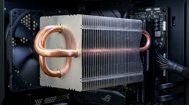 Detailed closeup of a metal heat exchanger with copper tubing, illustrating industrial equipment, cooling, heating, engineering, machinery, maintenance, and thermal technology.
