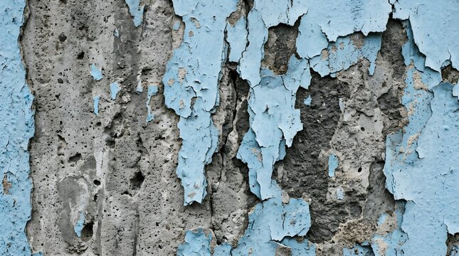 Extreme closeup of cracked and peeling blue paint on an aged wall, showing weathered texture, deterioration, renovation, decay, construction, surface damage, and vintage detail.

