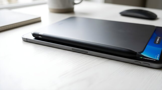 Slim tablet device resting on a clean white desk, representing modern technology, digital communication, mobile computing, productivity, business, education, and portable electronics.

