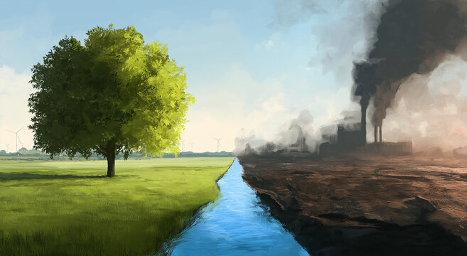a digital painting depicting a landscape divided into two opposing environmental states.