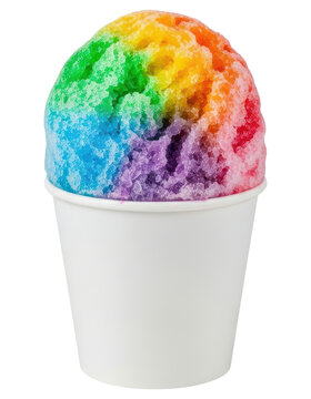 Rainbow shaved ice snow cone in white cup isolated transparent background