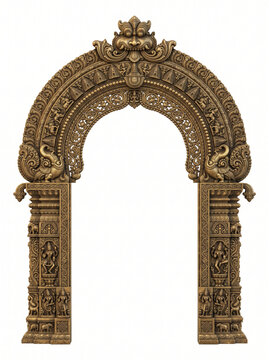 Traditional South Indian temple torana with rounded crown, bead borders and bronze relief carving